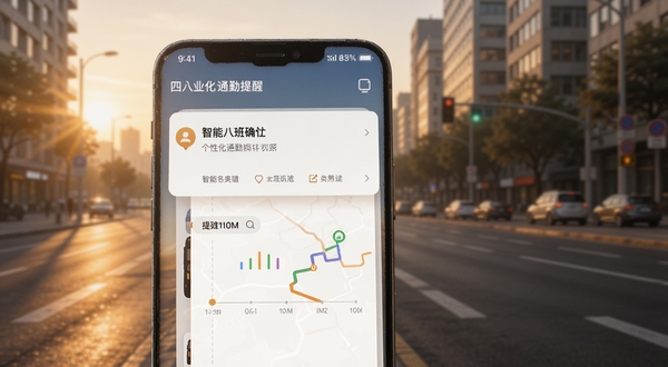 四通八达软件个性化通勤提醒功能界面，手机屏幕显示上下班路况推送卡片，背景为清晨城市街道的光影，带有时间轴与路线示意图，色彩温暖，突出智能提醒与数据可视化，画面风格亲和友好