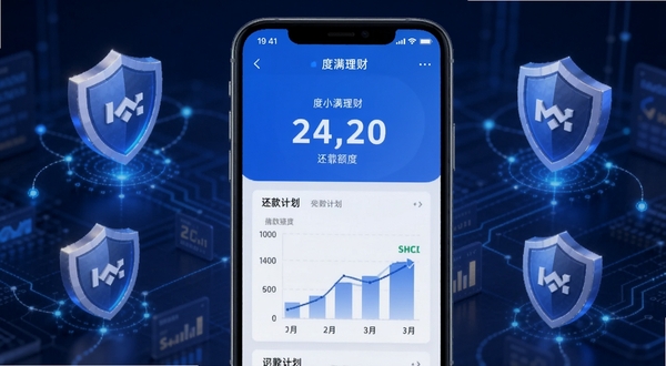 度小满理财APP借贷额度页面展示,手机屏幕中呈现额度数字与还款计划图表,背景为深蓝色金融科技风格,周围环绕盾牌与数据节点象征安全风控,画面明亮清晰,突出借贷服务的便捷与可靠,适合Boogu模型生成