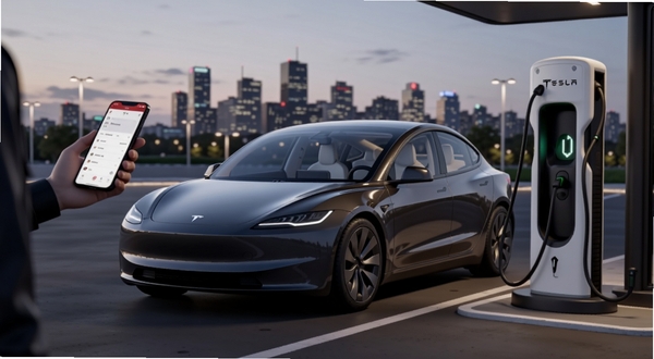 一辆特斯拉Model 3停靠在现代城市充电站旁,车主手持智能手机查看Tesla应用界面,背景是傍晚的城市天际线与柔和灯光,画面主体位于画面中央偏左,右侧为充电桩与车辆,整体风格写实科技感,适配Boogu模型生成
