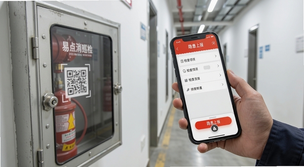 易点消防巡检人员拿着手机对准墙壁上的消火栓进行扫码检查的画面，手机界面显示检查项列表与拍照按钮，背景是清晰的室内走廊与消火栓箱，人物手部动作自然，界面UI元素突出“隐患上报”按钮，图片风格为写实摄影，光线充足，构图强调手机操作与消防设备的关联。