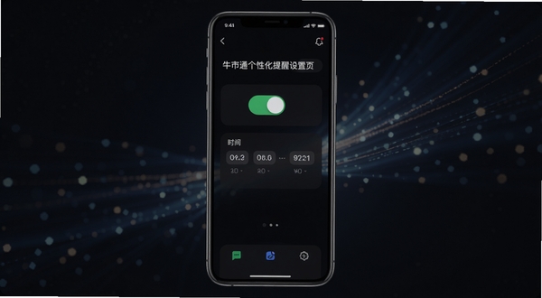 牛市通个性化提醒设置页面,手机屏幕显示开关按钮与时间选择器,界面为深色模式,背景有微弱的动态光效,整体呈现科技感与易用性结合