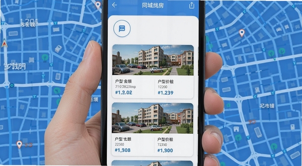 同城找房看房 手机屏幕展示同城房源列表卡片 小区名称户型价格清晰可见 背景是城市地图轮廓 扁平化UI风格 蓝白配色 高清细节