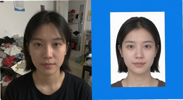 元气证件照智能抠图功能演示图，画面左侧为原始生活照背景杂乱，右侧为经过元气证件照处理后的标准蓝底证件照，人物位于画面中央，边缘干净平滑，背景为纯蓝色，整体对比鲜明，突出智能抠图的精准效果