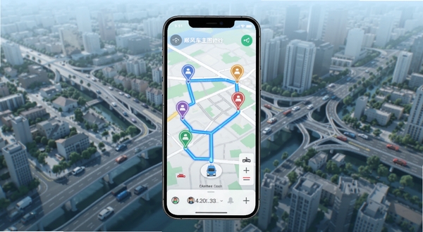 顺风车主同行智能路线规划功能演示图，画面主体为手机屏幕显示地图导航界面，地图上有多个彩色标记点代表乘客上下车位置，路线以高亮蓝色线条连接，背景为城市俯瞰图与道路网格，整体色调清爽，突出路线优化的逻辑感