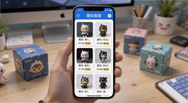 潮玩管家藏品数字化管理功能展示,手机屏幕中呈现潮玩卡片列表,每张卡片带有产品缩略图与价格标签,界面配色为蓝白相间,背景为书桌场景,桌上有几个盲盒作为装饰,适配Boogu模型生成