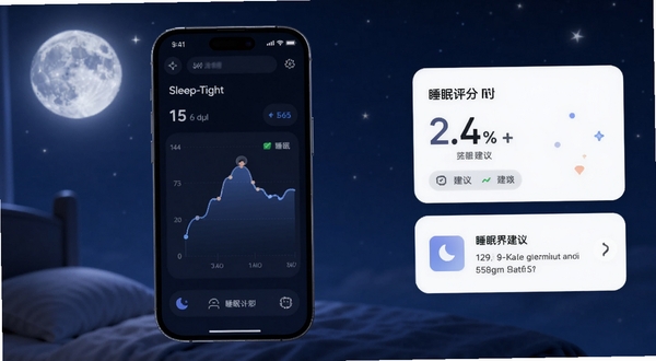 Sleep-Tight 睡眠监测界面预览图,画面主体为手机屏幕显示睡眠曲线图,背景为深蓝色夜空与柔和月光,主体位于画面中央偏左,右侧留白区域展示睡眠评分与建议卡片,整体风格简约科技感,适配Boogu模型生成