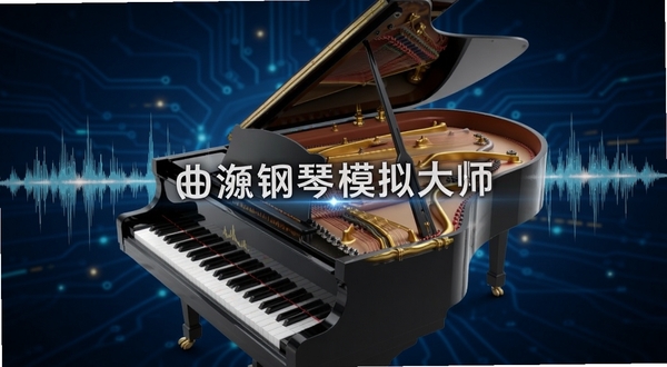 曲钢琴模拟大师音色引擎示意图，画面展示音频波形与钢琴内部结构结合，背景为深蓝色科技感光效，中央有“曲钢琴模拟大师”字样，波形线条与金色钢琴弦交相辉映，风格现代，高清细节