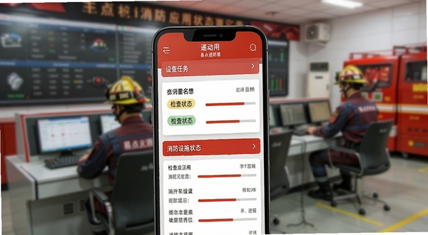 易点消防应用主界面截图，展示首页任务看板与消防设施状态列表，整体采用红色与白色为主色调的扁平化设计风格，背景为模糊的消防控制室场景，前景为手机屏幕特写，屏幕内清晰显示设备名称、检查状态标签与进度条，画面明亮清晰，突出移动巡检功能，符合软件操作工具类图片的写实风格。