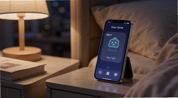 Sleep-Tight 手机放置位置示意图,画面展示床头柜上手机屏幕亮起显示睡眠监测中,背景为昏暗卧室环境,画面左侧为台灯与书本,主体手机位于画面中心偏右,整体风格温馨写实,适配Boogu模型生成