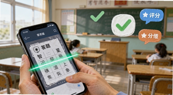 智卷星辰移动端操作指引示意图,画面主体在左下角,展示手持手机扫描答题卡的场景,右上角背景区域为教室环境虚化,带有对勾和评分气泡元素,整体风格写实偏插画。