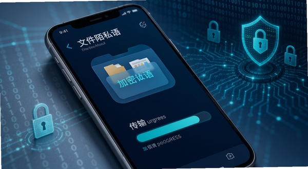 陌私语文件安全传输功能展示图,画面为手机界面截图风格,显示加密文件夹与传输进度条,背景有二进制代码流与网络安全元素,色调以深蓝与青色为主,突出技术感与可靠性,图像清晰细腻。