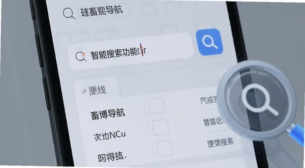畜博导航智能搜索功能界面，手机屏幕特写，搜索框内显示输入中的关键词，下方弹出联想词列表，背景为浅灰色，画面右侧有搜索图标和放大镜元素，整体呈现科技感与便捷感