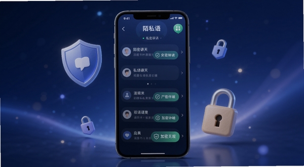陌私语软件主界面预览图,展示私密聊天列表与加密状态图标,背景为深蓝色渐变与柔和光效,整体风格现代简洁,突出安全社交氛围,画面中心为手机屏幕模型,周围环绕盾牌与锁形装饰元素,光线柔和,细节丰富,适配Boogu模型生成。