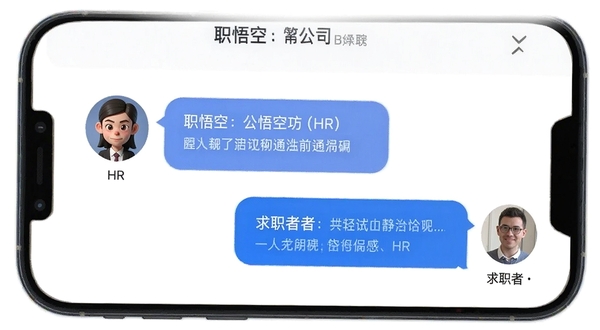 职悟空聊天沟通界面，手机屏幕显示对话气泡，左侧是HR头像，右侧是求职者回复，顶部有公司名称和职位标签，背景简洁白色，突出沟通便捷性