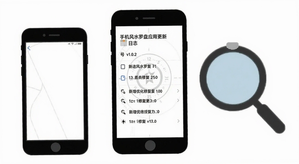 手机风水罗盘应用更新日志界面截图,显示版本号v1.0.2和新增优化修复条目,界面简洁,白底黑字,旁边有手机和放大镜元素,扁平化设计风格