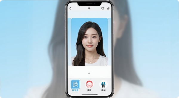 一张展示元气证件照手机应用界面的预览图，画面中心为手机屏幕，屏幕内显示证件照编辑界面，人物半身像位于画面中央偏上区域，背景为浅蓝色渐变，底部工具栏展示换背景、美颜、换装等功能按钮，画面整体明亮简洁，突出元气证件照的核心操作界面