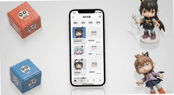 潮玩管家软件主界面全貌展示,画面中央为手机屏幕,屏幕内显示潮玩收藏列表与分类标签,背景为浅灰色渐变,周围点缀数个盲盒与手办模型,整体风格简洁清爽,适配Boogu模型生成