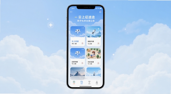 云上征途 应用主界面全貌展示，手机屏幕居中显示清爽的卡片式布局，背景为淡蓝色渐变云层，画面风格简洁明快，突出数字化旅程记录的核心视觉元素