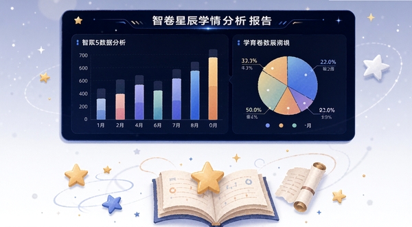 智卷星辰学情分析报告界面示意图,画面主体位于上方居中,展示柱状图与饼图组合的数据面板,下方背景区域为白色,带有抽象的星星与卷轴元素,体现教育与数据分析结合的主题。