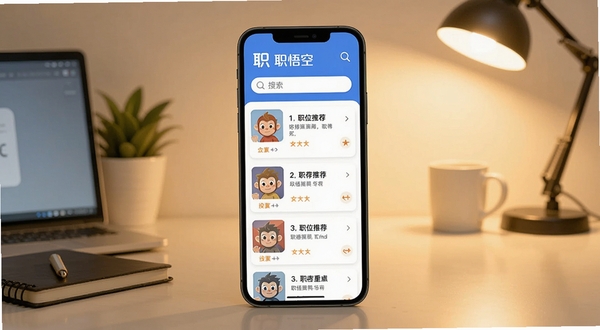 职悟空应用主界面展示，画面中央是手机屏幕，屏幕内显示职位推荐列表和搜索框，背景是简洁的办公桌场景，暖色调光线，扁平化设计风格，突出职悟空品牌标识