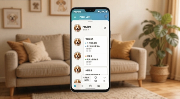 PetDiem 软件主界面与宠物日程卡片展示，画面中央为一部竖屏安卓手机，屏幕内呈现宠物头像列表与今日待办事项卡片，背景区域为暖色调居家客厅，沙发与绿植虚化处理，整体风格温馨简约，突出宠物管理主题，适配 Boogu 模型生成