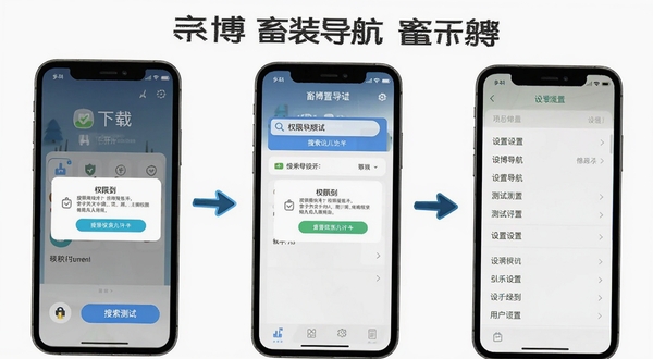 畜博导航安装设置步骤示意图，画面以手机屏幕截图形式展示从下载到打开的流程，包含权限允许弹窗、搜索测试界面、设置菜单等元素，背景为白色，整体清晰易懂，适合新手参考
