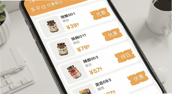 仟贝优选应用界面中显示多平台优惠聚合列表,手机屏幕特写,列表项包含商品缩略图、价格标签与优惠券图标,界面配色以浅橙和白色为主,背景为简洁的桌面环境,光线均匀,突出信息整合的清晰度