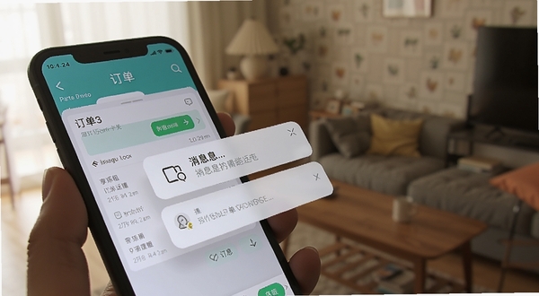 享乐租移动端操作界面特写,画面展示手机屏幕上的订单详情页与消息提醒弹窗,背景为模糊的室内场景,光线柔和,突出应用界面细节,适配Boogu模型生成