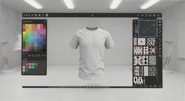 服装设计软件主界面展示，画面中央为一件白色T恤的3D预览模型，周围环绕着色彩面板、图案素材库和绘图工具栏，背景为浅灰色工作室环境，柔和的顶光照明，整体风格简洁专业，适配Boogu模型生成，图片alt为服装设计预览图