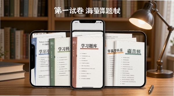 第一试卷海量题库展示图,画面展示不同年级和科目的试卷封面在手机屏幕上陈列,背景是书架与台灯的书房场景,色彩柔和,强调学习资源的丰富性与权威性