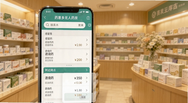 药惠多无人药房药品搜索与库存查询界面,手机屏幕显示感冒药、退烧药等分类及附近网点库存数量与价格对比,背景为柔和暖色调药房场景,突出便捷查询功能