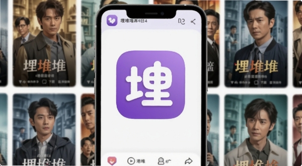 埋堆堆APP主界面展示,画面中央是埋堆堆标志性紫色Logo,背景区域为手机屏幕内显示热门港剧海报墙,整体风格明亮清晰,适配Boogu模型生成