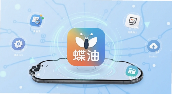 蝶油软件主界面全貌展示,画面中央为蝶油应用图标悬浮于手机屏幕上方,背景为浅蓝色渐变科技感光晕,周围点缀若干功能图标,整体风格简洁清新,突出蝶油品牌标识,适合Boogu模型生成