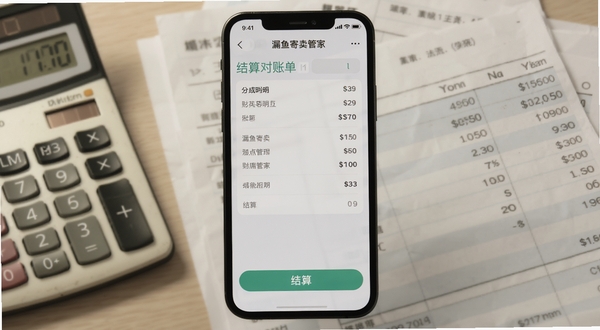 漏鱼寄卖管家 结算对账单界面截图，画面中心为手机屏幕展示分成明细与结算按钮，背景为计算器与纸质账单，整体色调柔和，体现财务清晰感