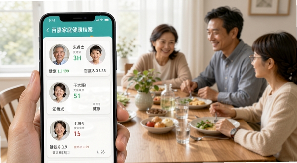 百嘉医疗家庭健康档案界面,画面主体为手机屏幕显示多个家庭成员头像与健康摘要,背景为家庭餐桌场景,氛围亲切自然
