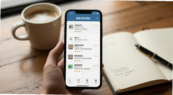 漏鱼寄卖管家 消息通知中心界面，手机屏幕展示多条售出与结算提醒，背景为咖啡杯与记事本，氛围轻松高效
