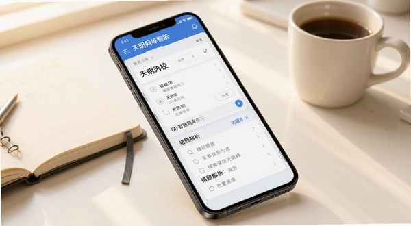 天明网校智能题库练习界面，画面主体为手机屏幕斜放视角，屏幕内显示答题卡与错题解析面板，背景区域为暖白色书桌场景，放置笔记本与咖啡杯，光线柔和，突出学习氛围