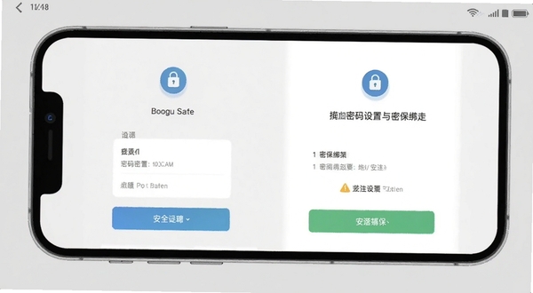 隐空间移动端操作界面截图，手机屏幕展示密码设置与密保绑定页面，界面简洁，有锁形图标与安全提示文字，背景为浅灰色，适合Boogu模型生成