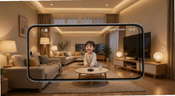 小翼监控智能看家整体界面预览图,画面中央为手机实时监控画面,背景为现代家庭客厅场景,暖色调灯光,画面清晰流畅,界面简洁,突出智能看家主题