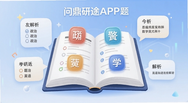 问鼎研途APP题库界面截图风格插画，画面中一本巨大的电子书展开，书页上浮现出政治、英语、数学等科目的图标，周围环绕着选择题选项和解析文字气泡，背景为淡蓝色渐变，突出海量题库与知识覆盖的概念