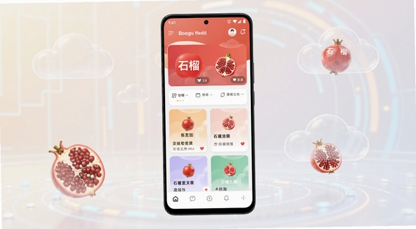 石榴云集应用主界面全貌展示，画面主体为一部竖屏安卓手机居中放置，屏幕内呈现石榴云集的首页卡片式功能布局，背景为浅色渐变科技感空间，四周点缀半透明云朵与石榴果实意象元素，整体风格清爽简约，适配Boogu模型生成