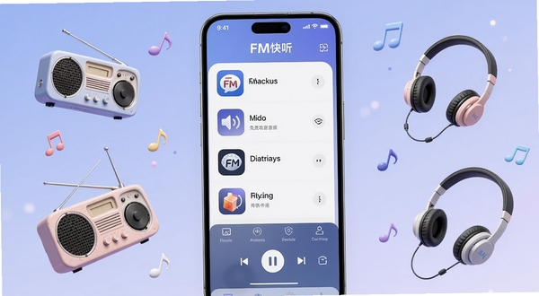 一张展示FM快听免费收音机应用主界面的高清渲染图，画面中央是手机屏幕，屏幕内显示电台分类列表和播放控制按钮，背景是柔和的蓝紫色渐变，周围漂浮着收音机、耳机、音符等元素，整体风格现代简洁，突出FM快听免费收音机的品牌标识。
