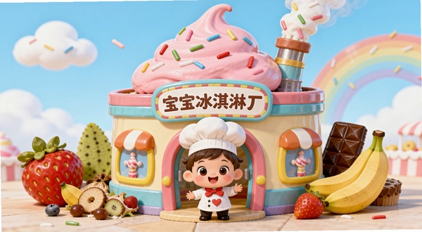 宝宝冰淇淋工厂 官方宣传图 画面中央是一座色彩缤纷的卡通冰淇淋工厂建筑,屋顶是粉色奶油造型,烟囱冒着彩色糖针,工厂门口站着微笑的卡通厨师宝宝,周围环绕草莓、香蕉、巧克力等水果元素,背景是淡蓝色天空与彩虹,整体风格圆润可爱,适合低龄儿童审美
