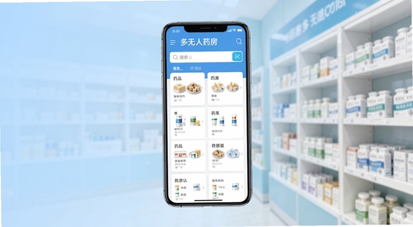 药惠多无人药房应用主界面展示,画面中央为手机屏幕显示药品分类列表与搜索栏,背景为淡蓝色渐变与药房货架虚化元素,整体风格清新专业,突出智能购药主题,适配Boogu模型生成