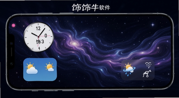饰饰牛动态壁纸与组件功能展示,手机屏幕显示流动的星空动态壁纸,桌面上放置着时钟和天气组件,画面整体呈现科技感与梦幻氛围,背景为深邃的夜空色调,突出饰饰牛软件名称