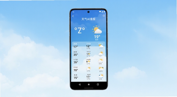 天气AI准报 手机界面展示,画面中央是一部竖屏安卓手机,屏幕上显示天气AI准报的首页,包含温度、天气图标和未来七天预报列表,背景为柔和的蓝天白云渐变,整体风格清新明亮,适合软件下载站展示