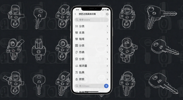 锁匠达锁具知识库界面,手机屏幕显示锁具分类目录和搜索框,背景为各种锁芯钥匙的线稿图案,风格专业清晰