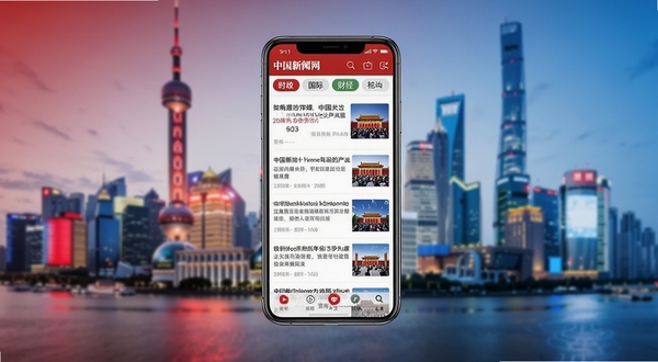 中国新闻网移动端应用界面全景展示，画面中央为手机屏幕特写，屏幕上呈现中国新闻网首页新闻列表，包含时政、国际、财经等频道标签，背景区域为现代城市天际线虚化处理，整体色调以中国红与科技蓝为主，体现权威媒体与移动互联网的融合感