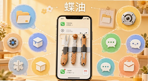 蝶油多功能工具集合展示,画面以手机为中心,周围环绕多个功能图标气泡,每个气泡内展示不同工具场景如文件、设置、信息等,整体色调温暖明亮,软件名称蝶油出现在画面顶部,适合AI生成