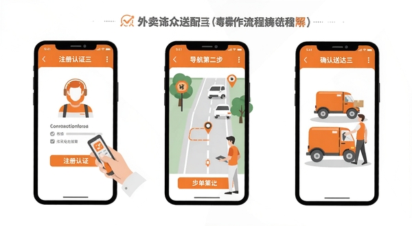 外卖众包配送新手操作流程图解，画面分为三个步骤展示手机屏幕，第一步注册认证，第二步抢单导航，第三步确认送达，采用扁平插画风格，橙色与灰色为主色调，背景干净简洁